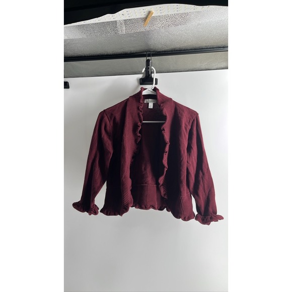 dressbarn Sweaters - Dressbarn Women's‎ XL Maroon Ruffle Open Front Cardigan